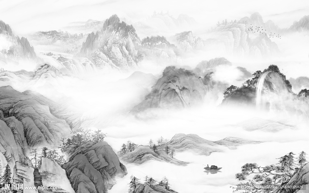 最新 高雅灰色山水 tif分层