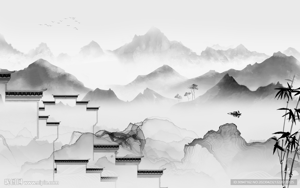 新品 意境灰色山水 Tif分层