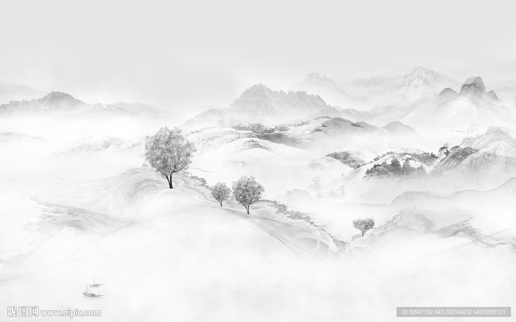 高档 意境灰色山水 Tif分层