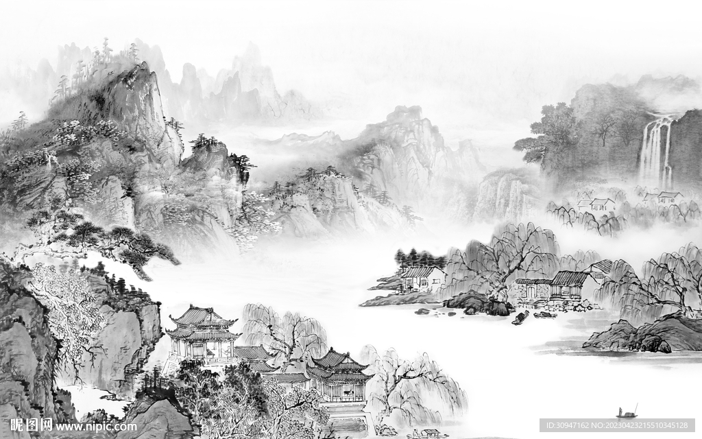 最新 意境灰色山水 Tif分层