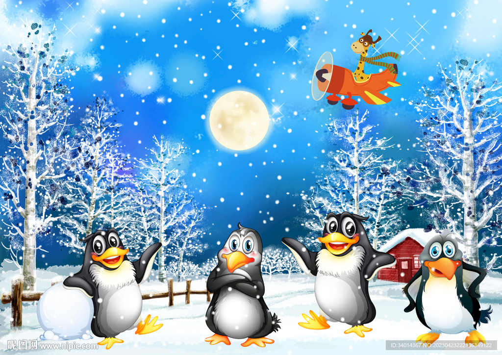 卡通大雪企鹅背景墙