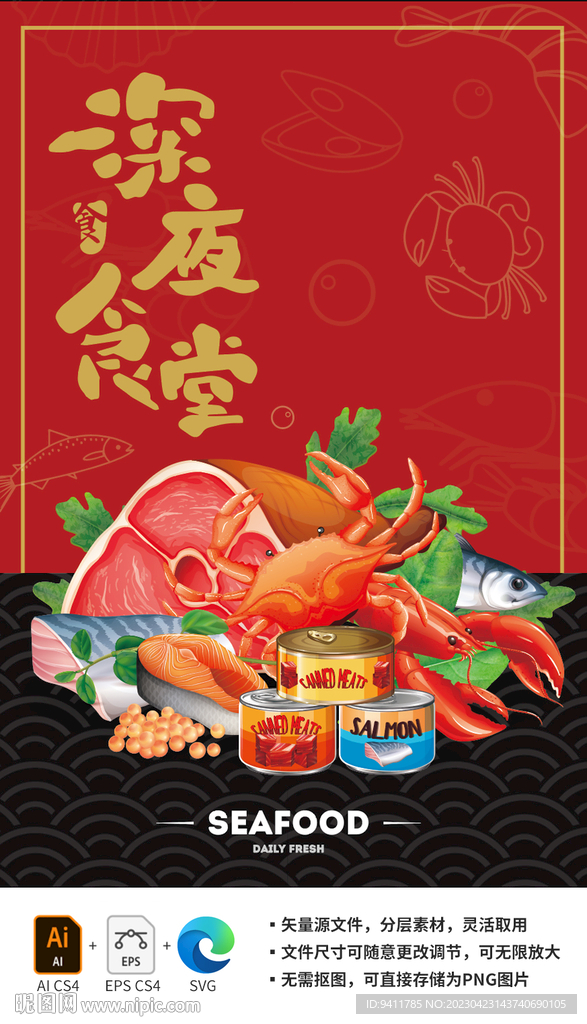 海鲜盛宴海鲜罐头插画海报