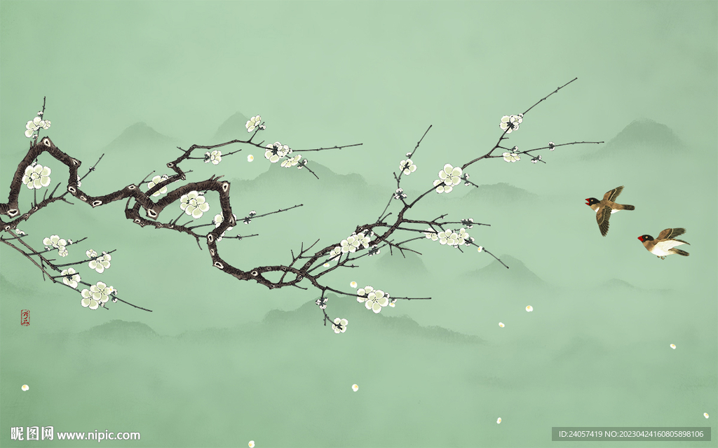 新中式梨花工笔花鸟背景墙装饰画