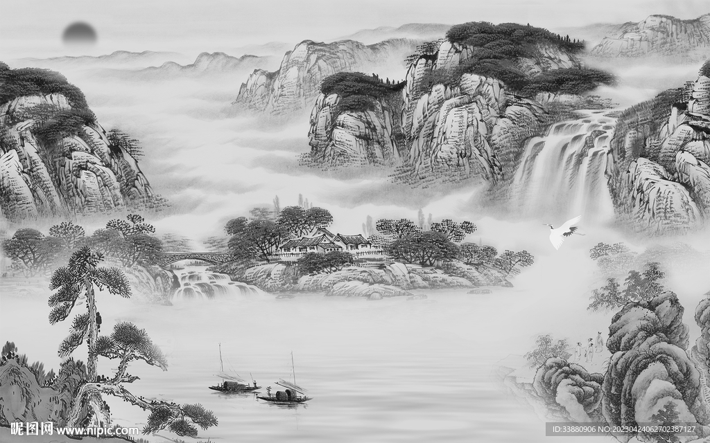现代 中式风景山水 tif分层