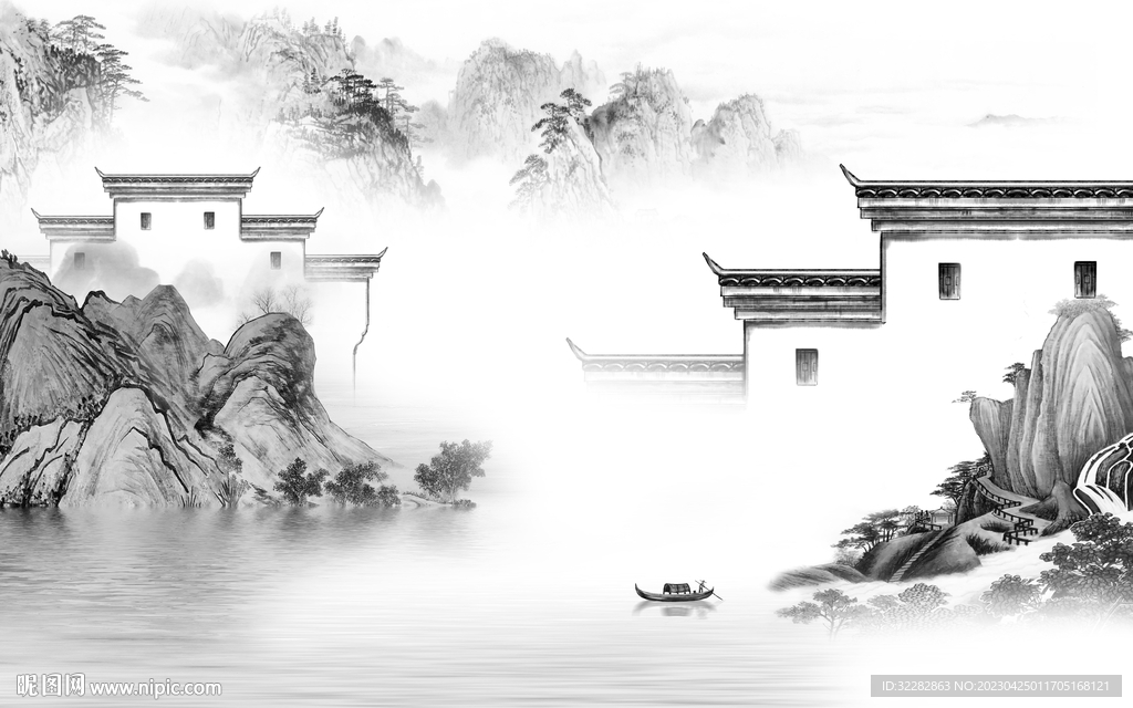 高清 高档灰山水画 tIF分层