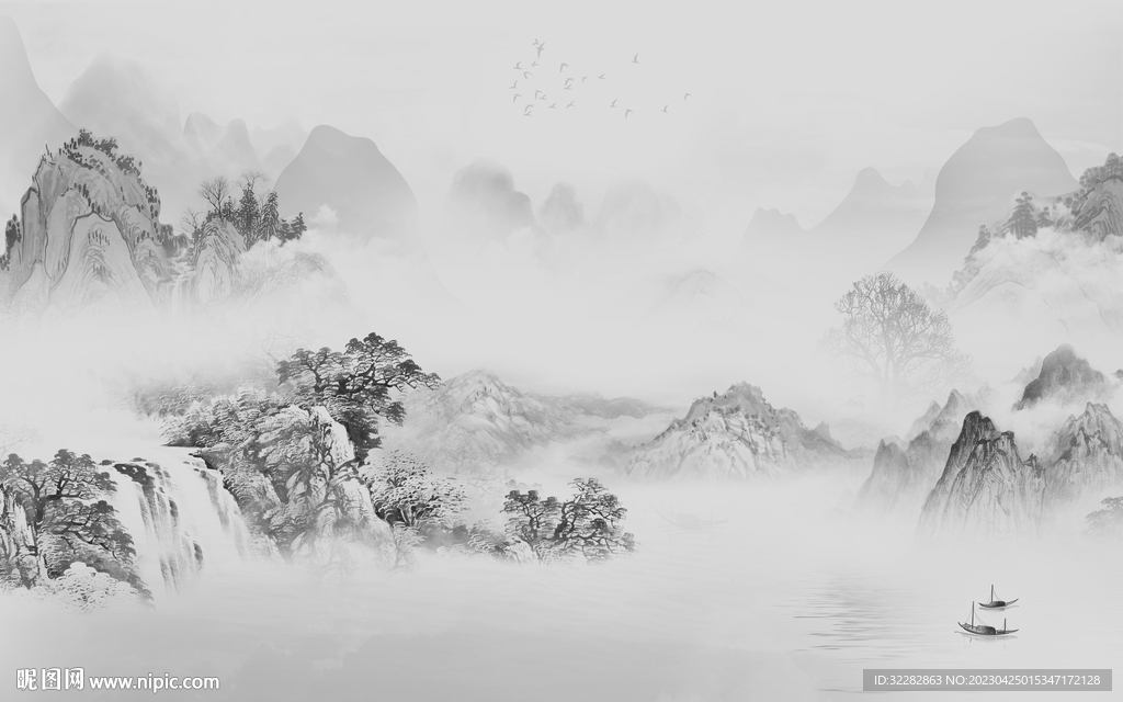 高清 客厅灰山水画 tIF分层