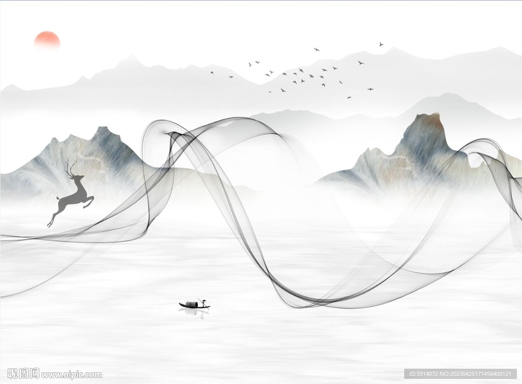 水墨山水画背景墙 弧线麋鹿