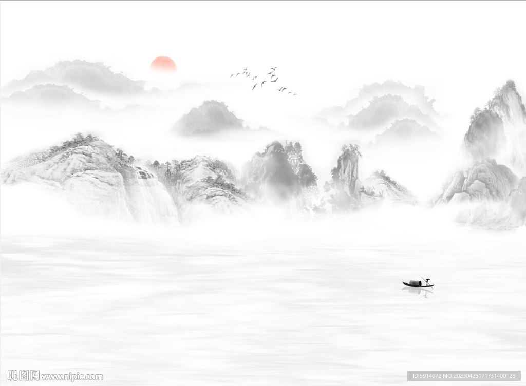 水墨山水画背景墙 日出 船  