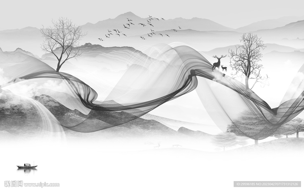 意境 灰色别墅山水 TIF分层