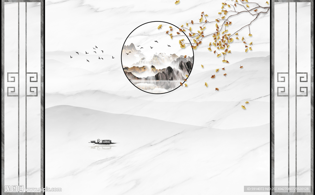 水墨山水画背景墙 船 杏叶
