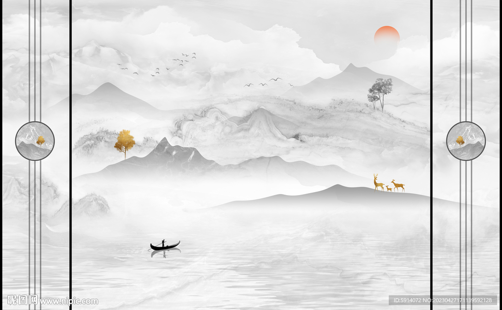 水墨山水画背景墙 船麋鹿