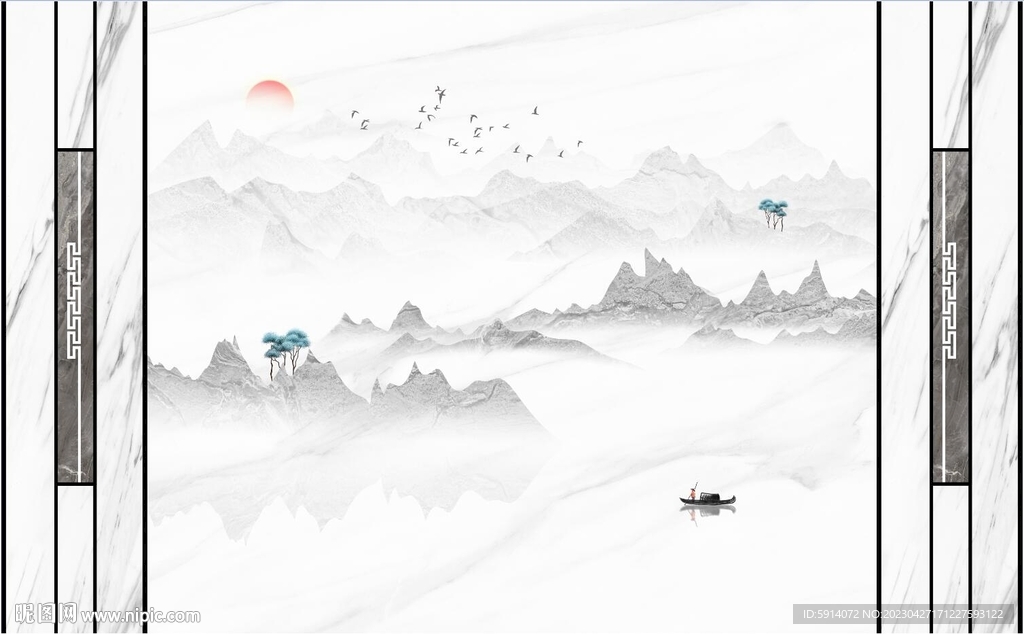 水墨山水画背景墙 船日出