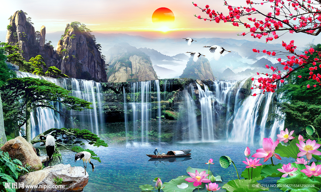 迎客松瀑布山水装饰画