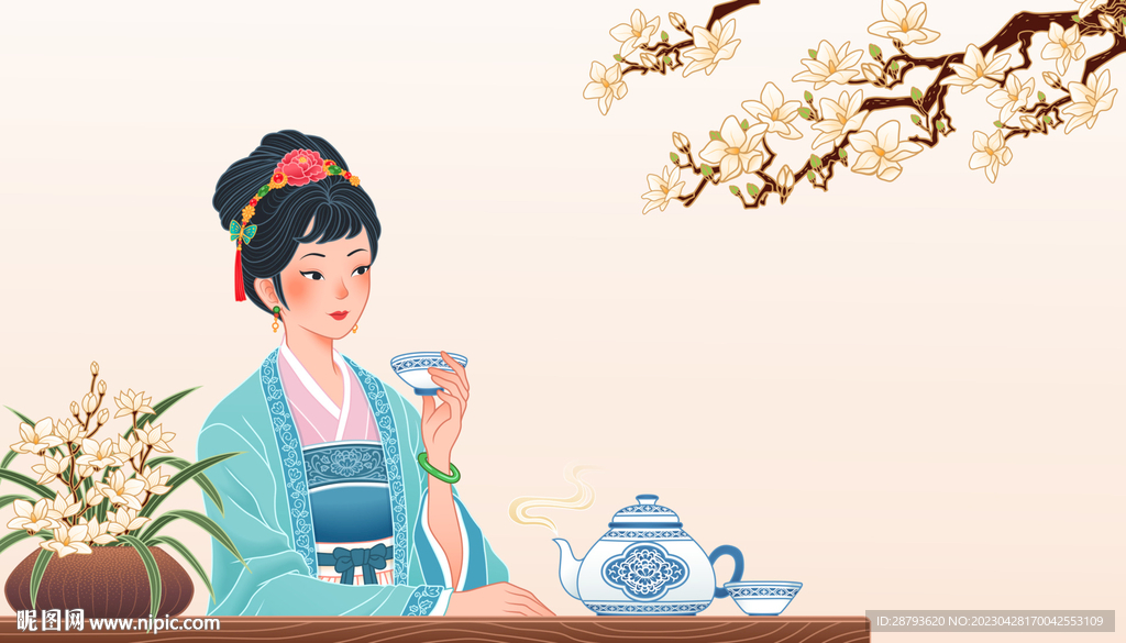 国风侍女喝茶图