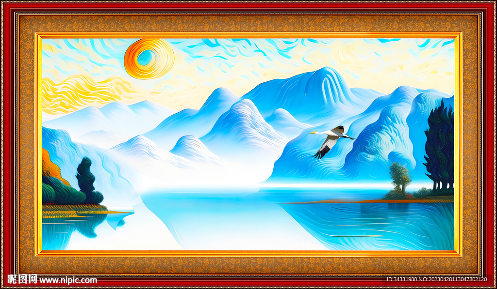 雪山湖泊油画