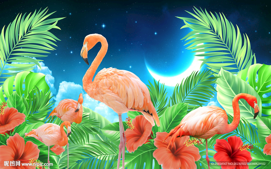 绿色热带植物火烈鸟背景墙