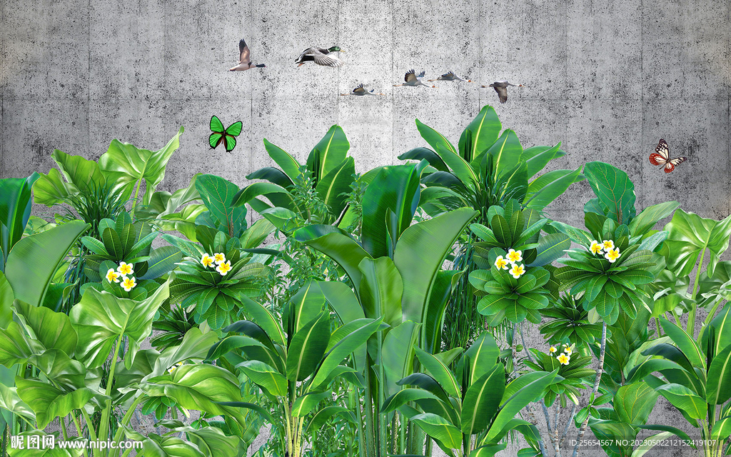 3d热带植物花鸟背景墙