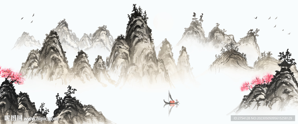 新中式水墨山水画 晶瓷画 船