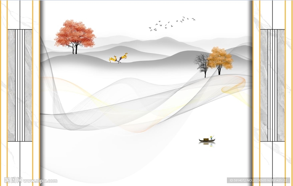 山水画大理石背景墙 弧线曲线船
