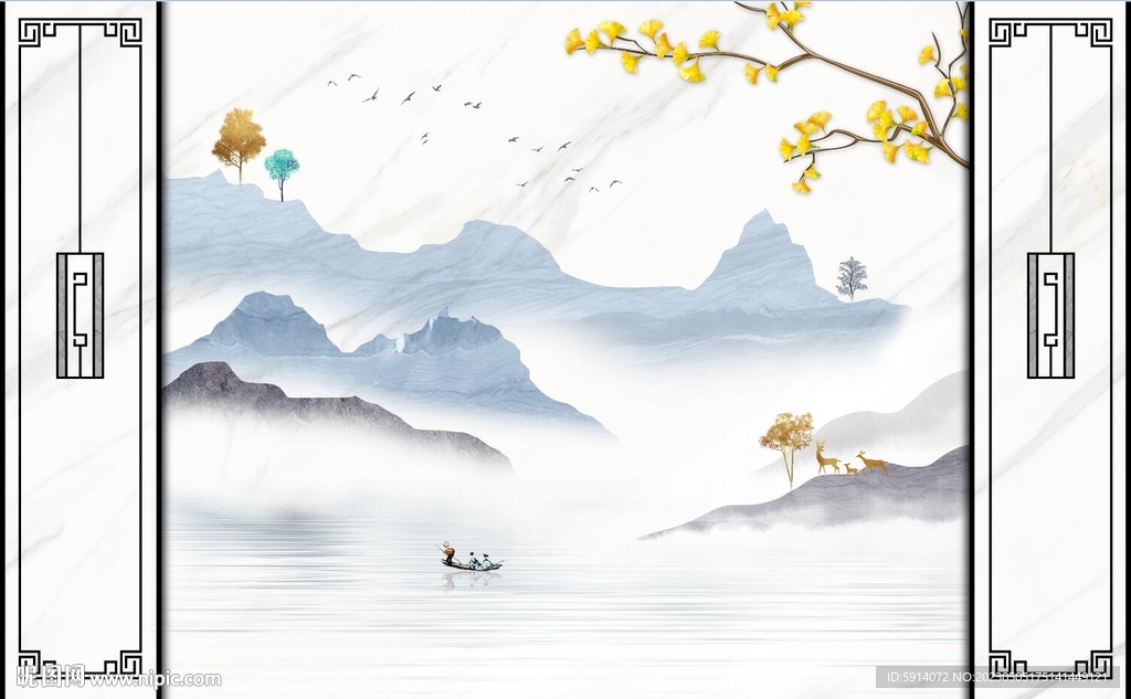 山水画大理石背景墙 船