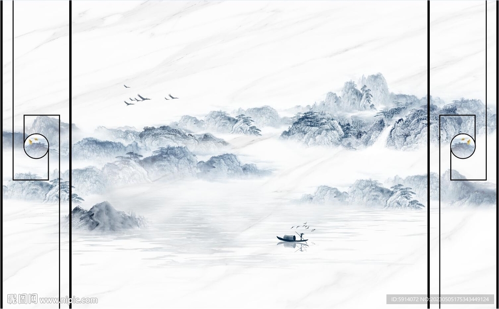 水墨山水画大理石背景墙 船