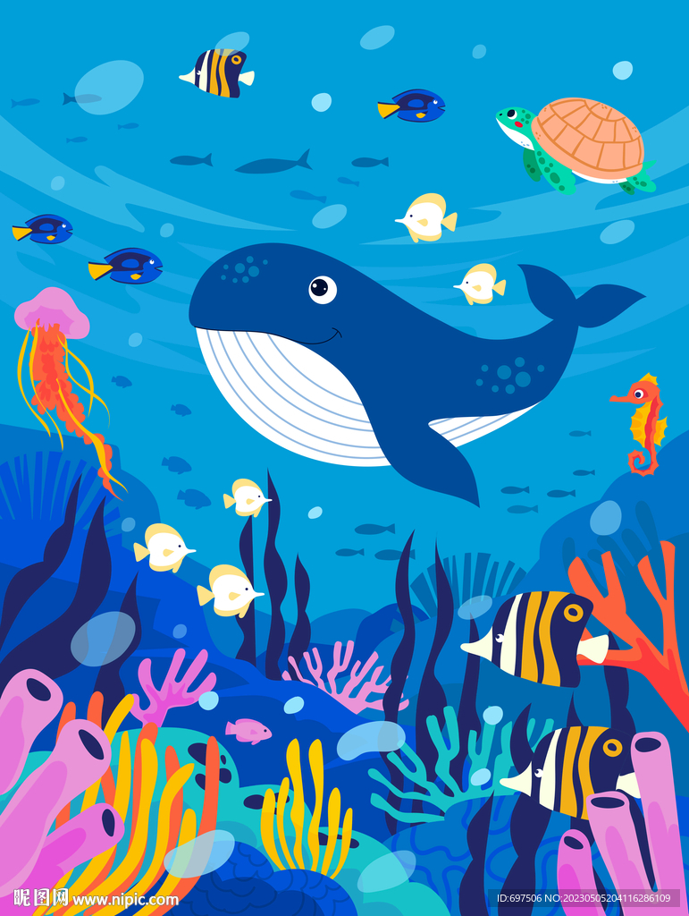 手绘海豚热带鱼卡通海底珊瑚背景