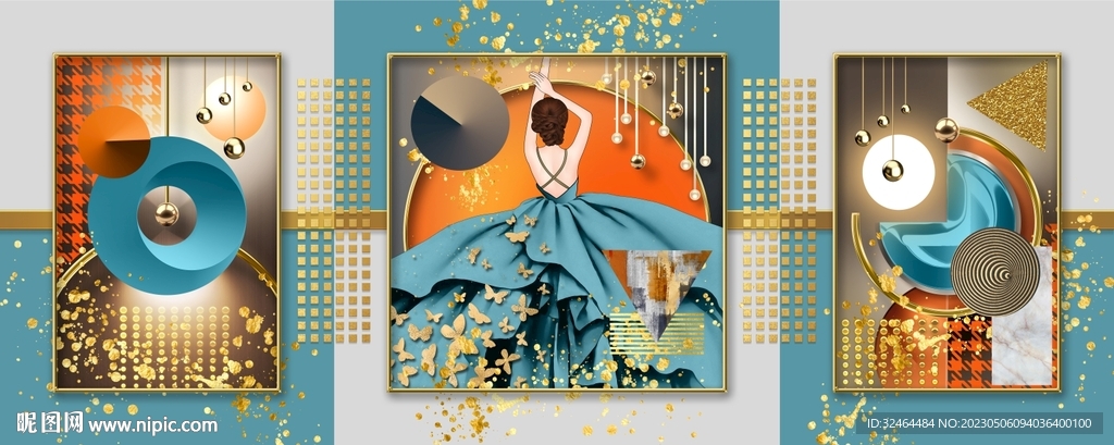 三联画 美女瓷晶画