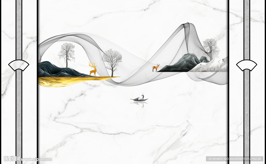 山水画大理石背景墙 弧线曲线