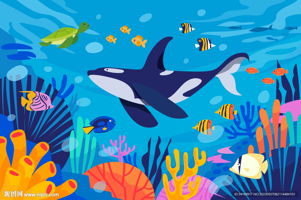 蓝色海底珊瑚卡通鲸鱼热带鱼背景