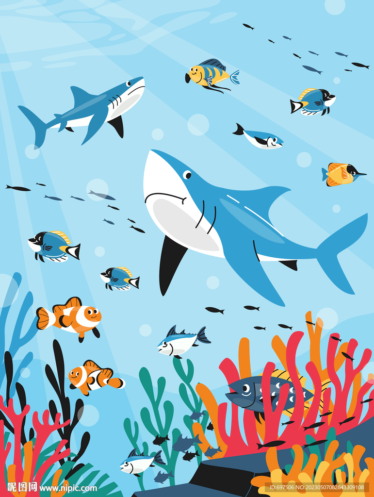 卡通海洋鲨鱼海底珊瑚热带鱼背景