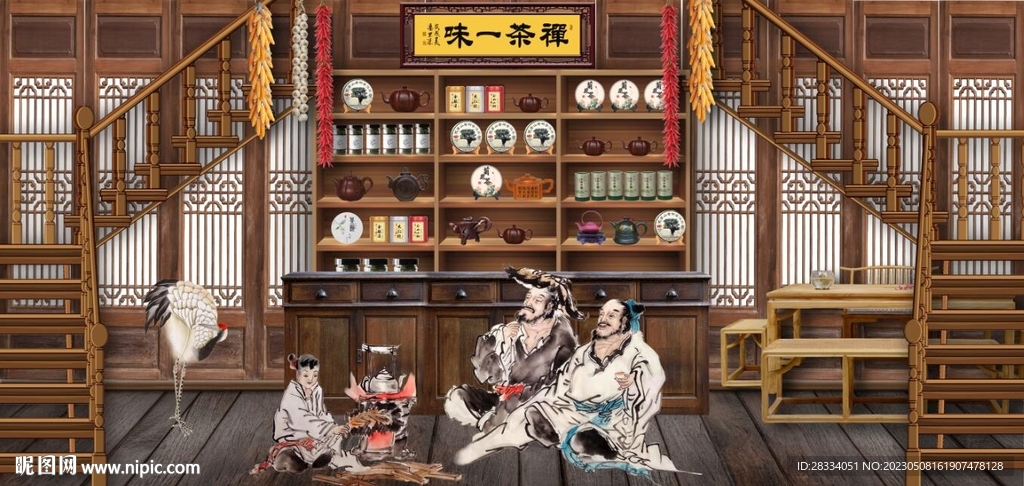 古代禅茶一味茶楼背景墙壁画