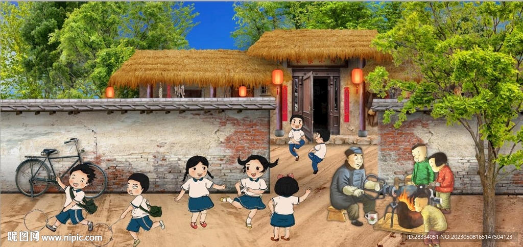 复古80后90后农村民居背景墙