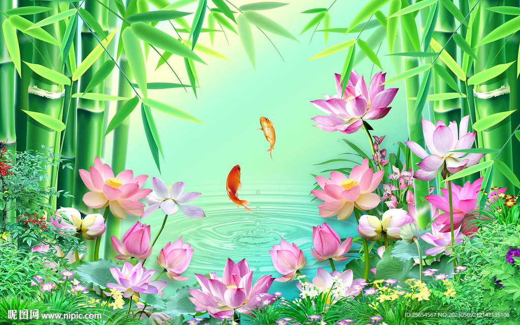 清新气息流水竹子荷花绿色背景墙