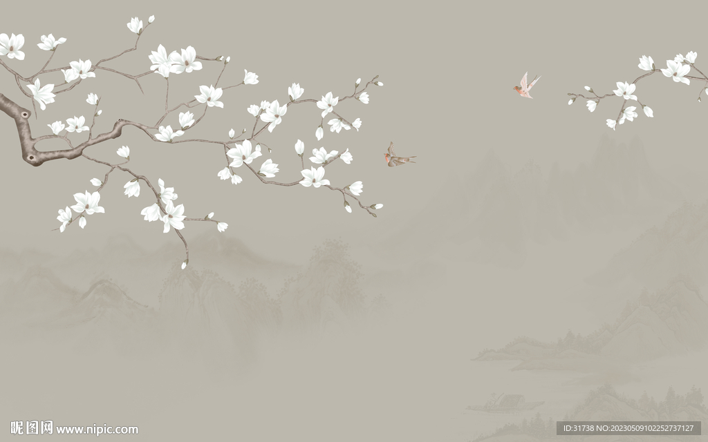 新中式工笔花鸟画背景墙