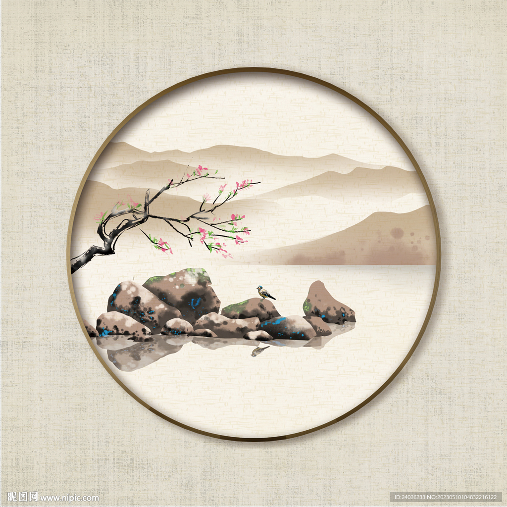 圆形水墨山水画
