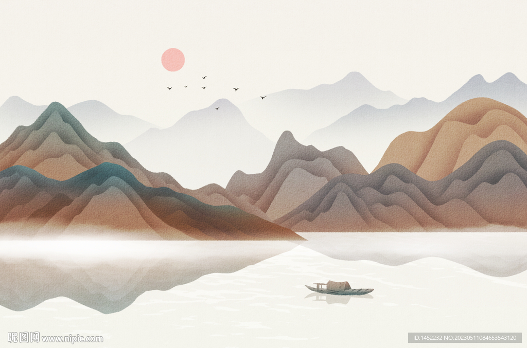 太阳远山风景画