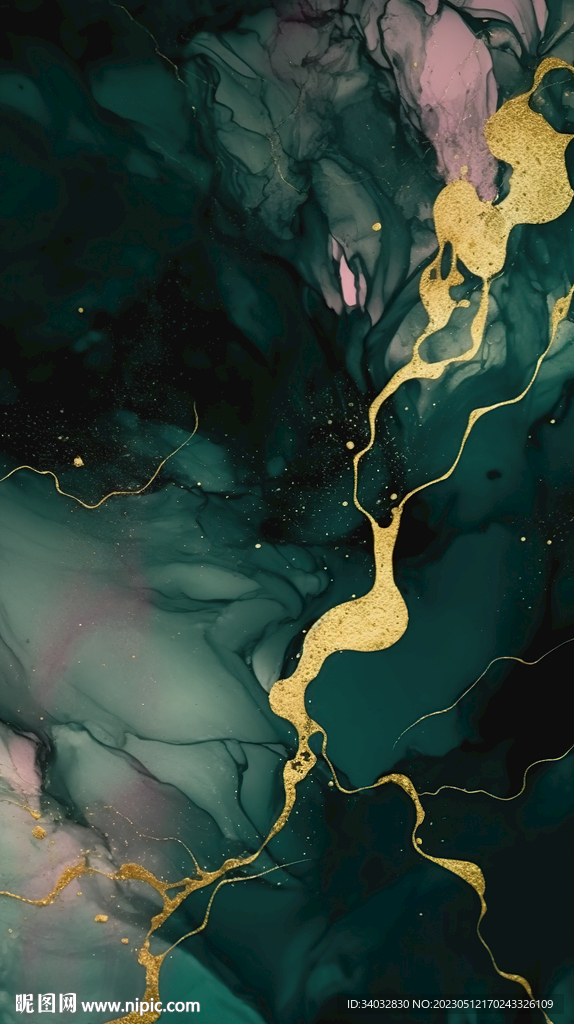 绿色水彩金箔抽象画