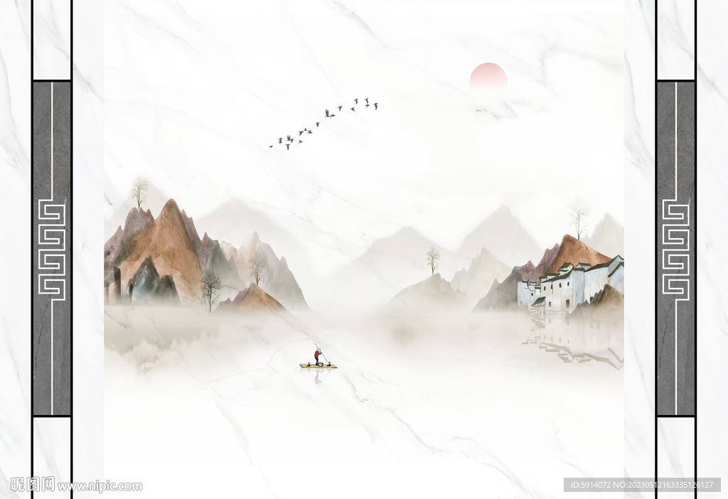 金秋山水画大理石背景墙 日出船