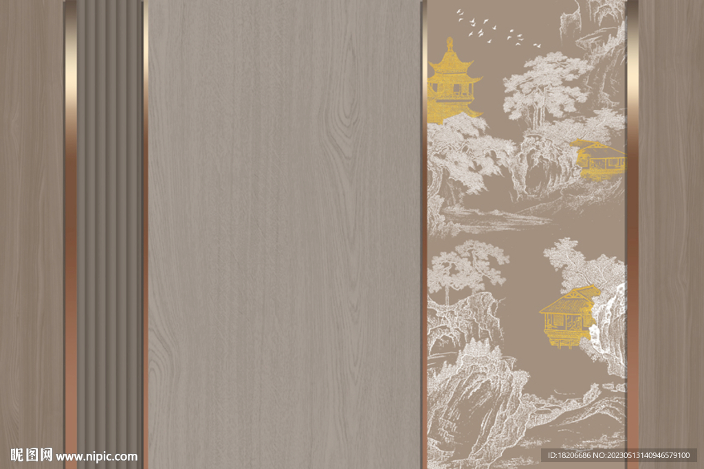 国画山水木纹形象墙