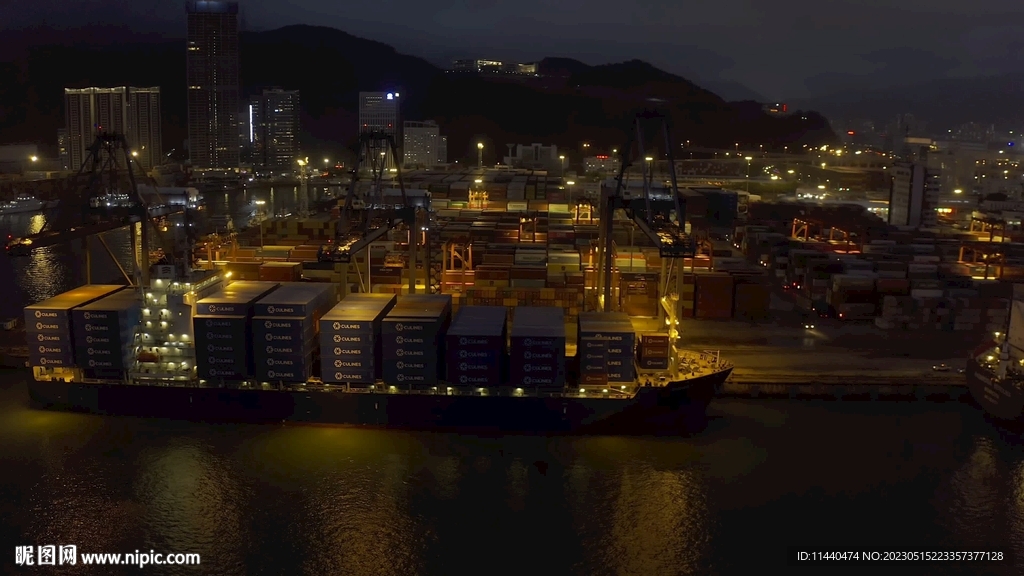 盐田港港口码头夜景货轮停靠装卸