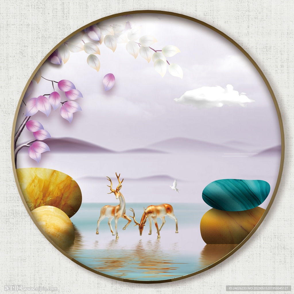 麋鹿飞鸟圆形挂画装饰画图片
