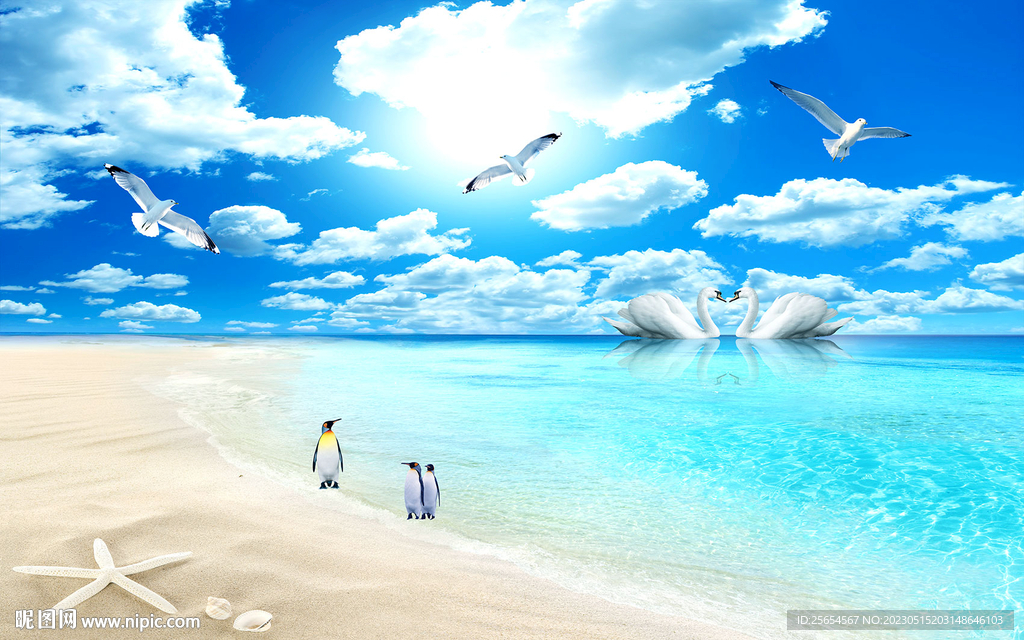 沙滩海景风景画背景墙