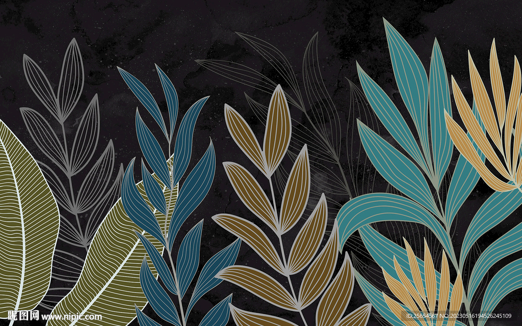 热带植物叶子复古灰色电视背景墙