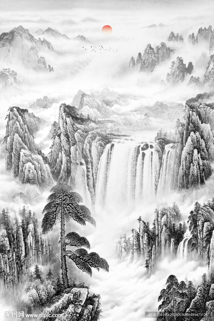 水墨迎客松玄关画