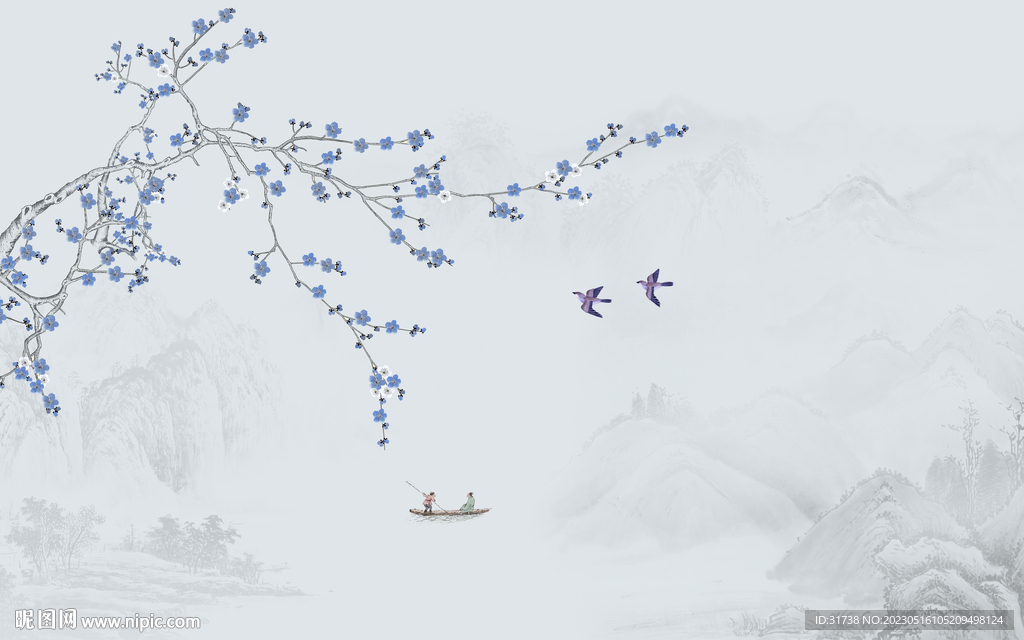 中式工笔花鸟画电视背景墙