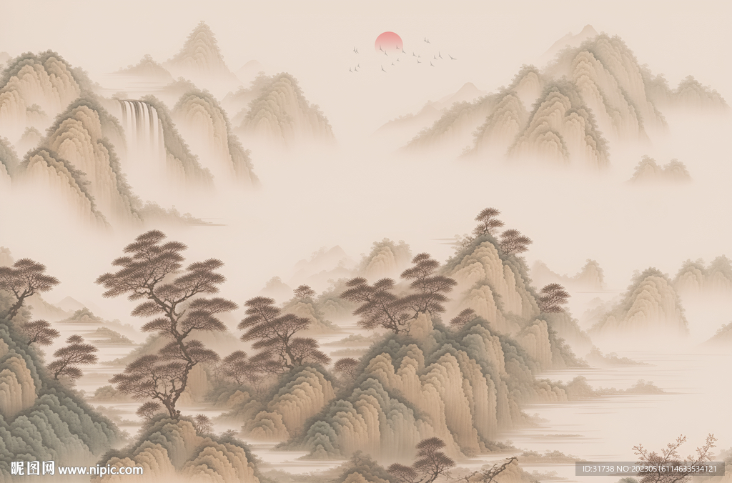 中式床头水墨山水画背景墙