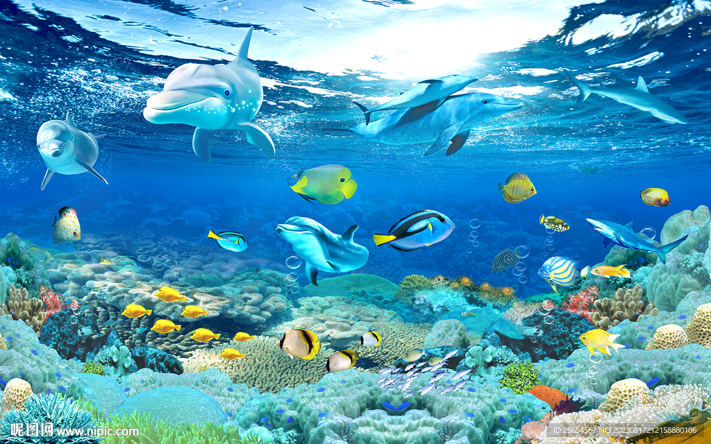 海底世界水下风景海豚背景墙
