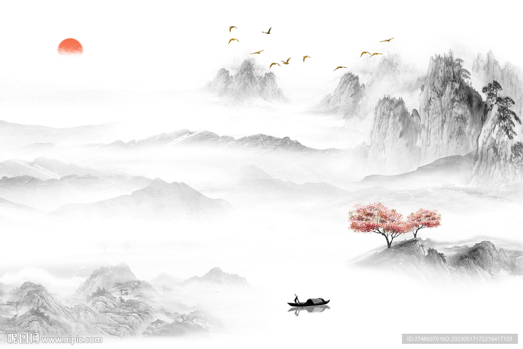 新中式大理石山水国画意境背景墙