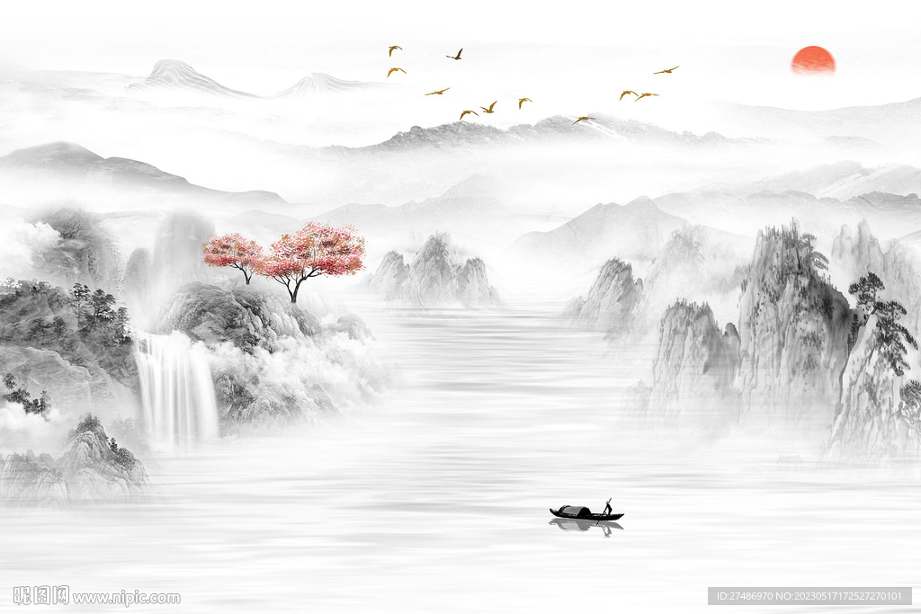 新中式黑白山水瀑布国画背景墙