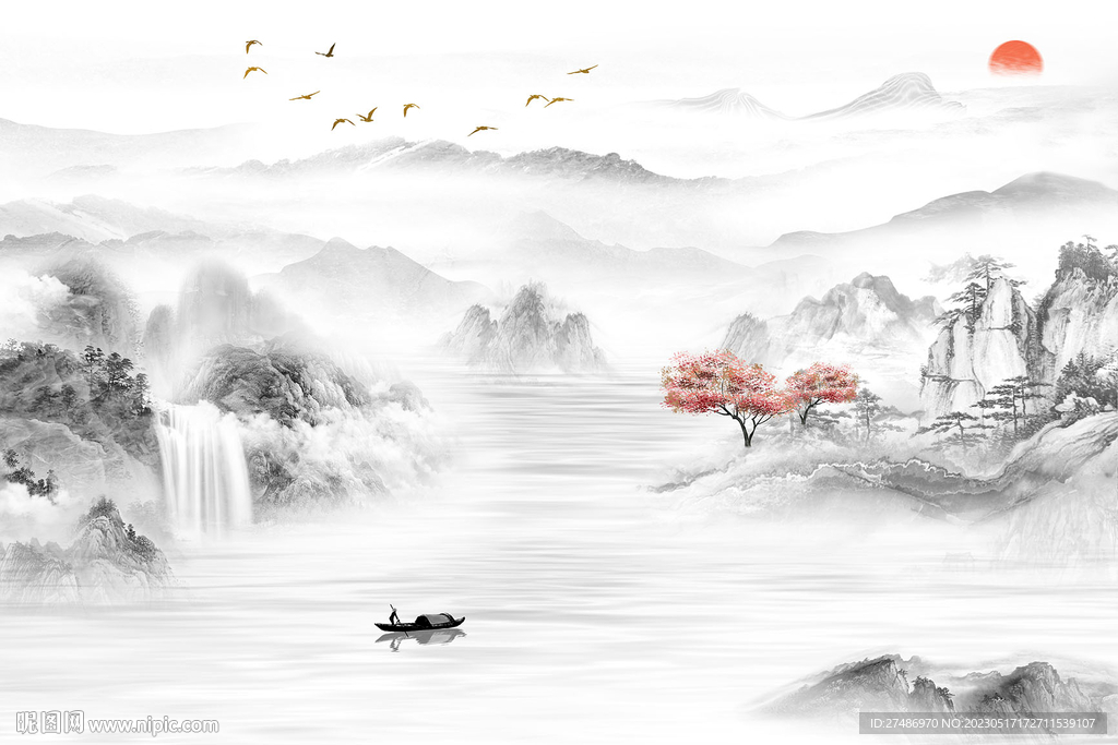 新中式山水聚宝盆国画意境背景墙